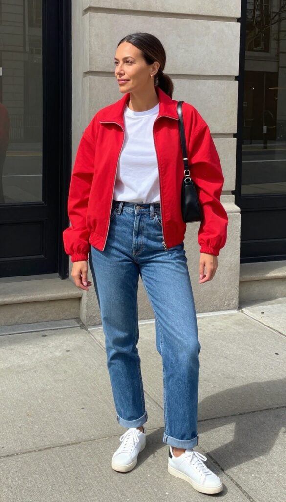 5. Track Jacket with a White Tee and Straight-Leg Jeans