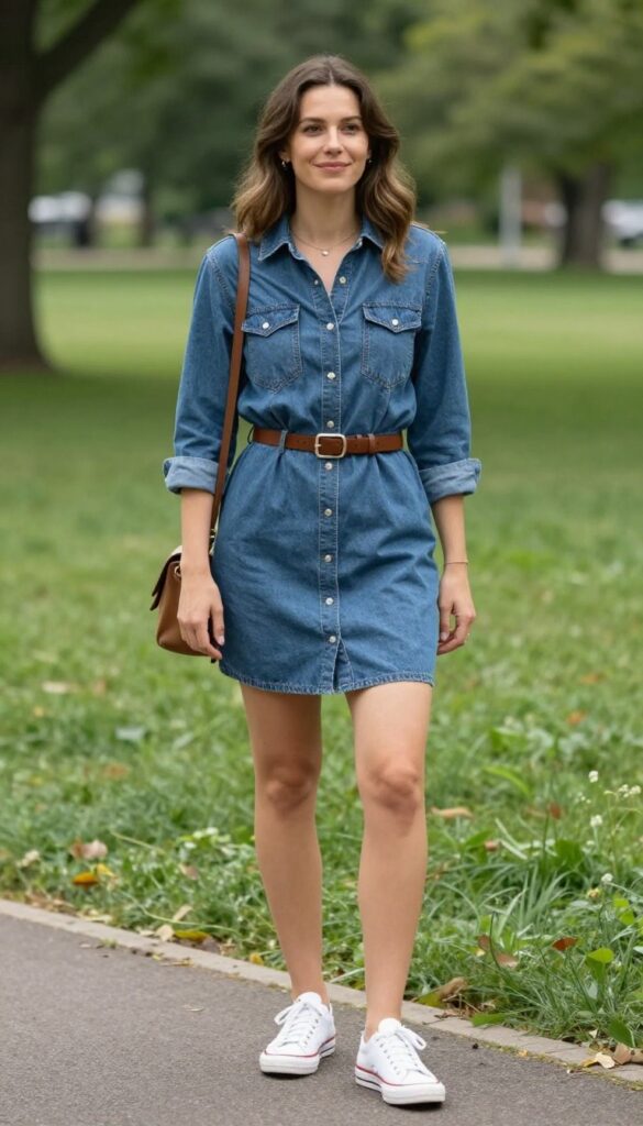 10. Denim Shirt Dress with Sneakers