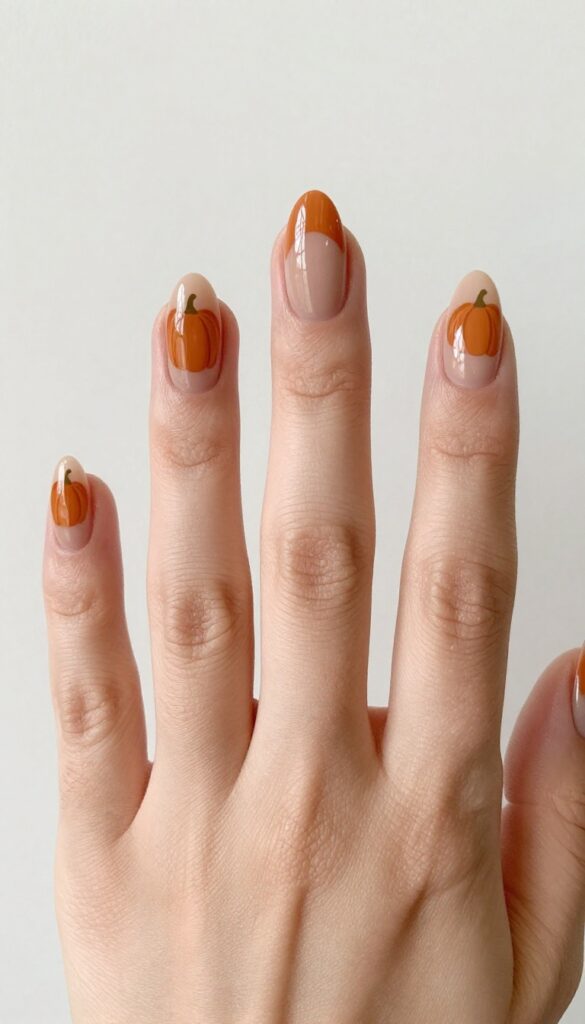 Negative space pumpkin nail art with matte orange cutout on nude base