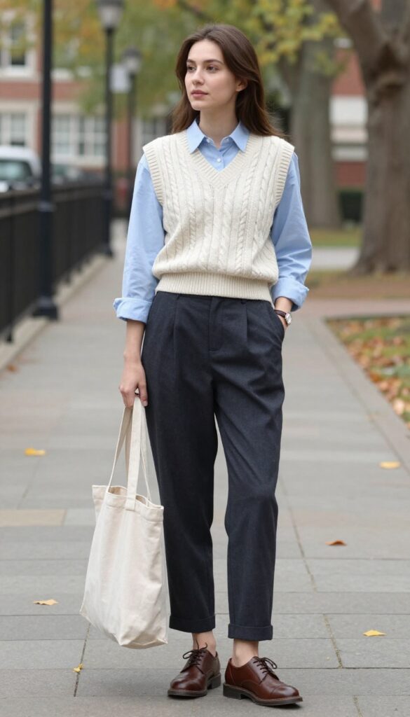 12. Oxford Shirt With Cable-Knit Vest and Pleated Trousers