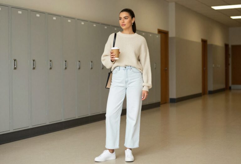 Young woman in cream knit sweater and wide-leg jeans standing in school hallway with coffee