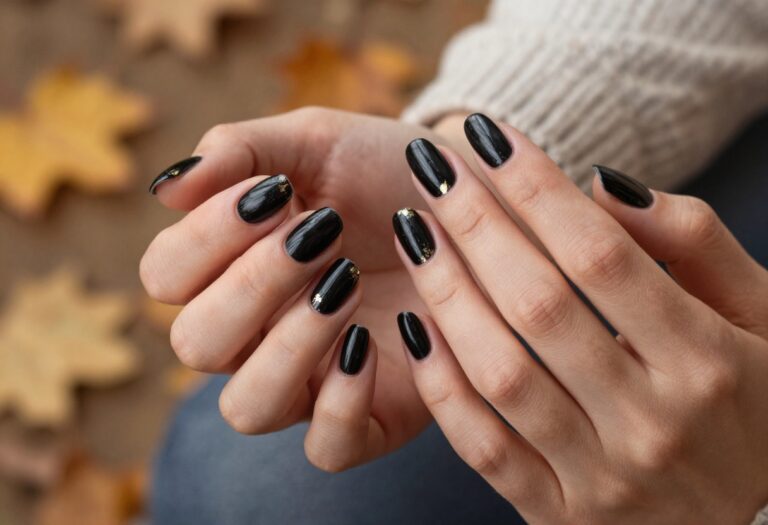 Dark fall nail ideas with glossy obsidian black manicure and gold foil accents