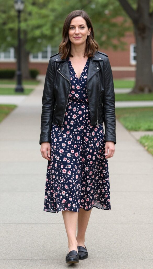 11. Leather Jacket with a Floral Dress