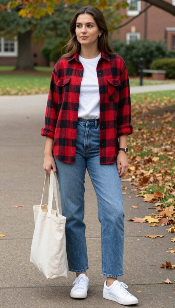 2. Soft Flannel Shirt over a Basic Tee with Straight-Leg Jeans
