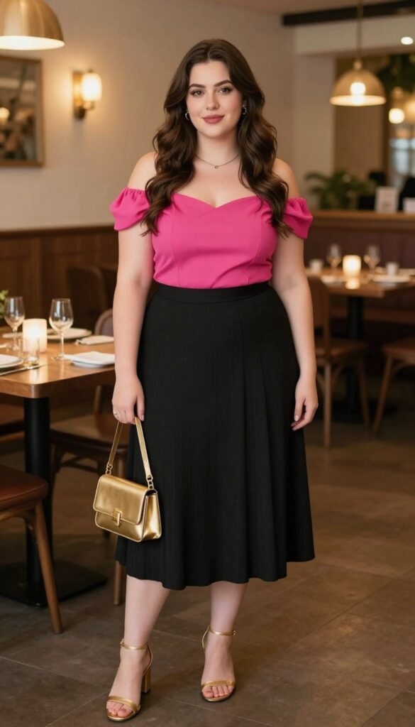 4. Off-Shoulder Top with Pleated Midi Skirt