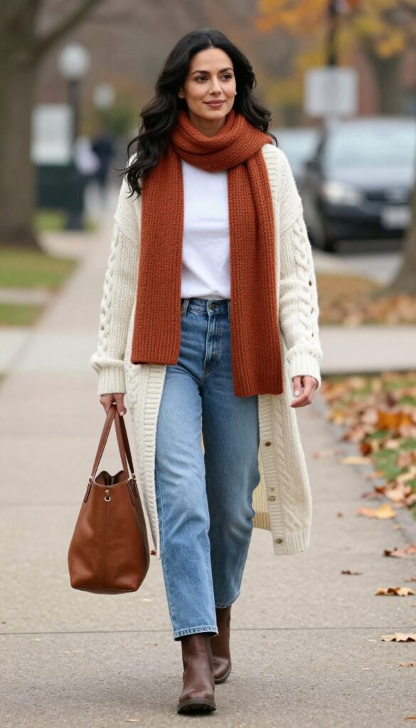 4. Cable-Knit Cardigan with Straight-Leg Jeans