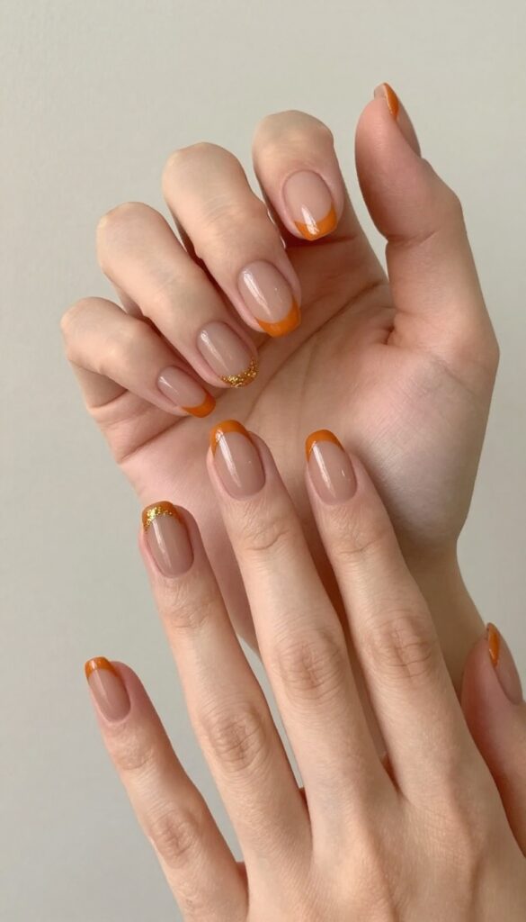 Pumpkin spice French tips on short rounded nails with gold glitter accent