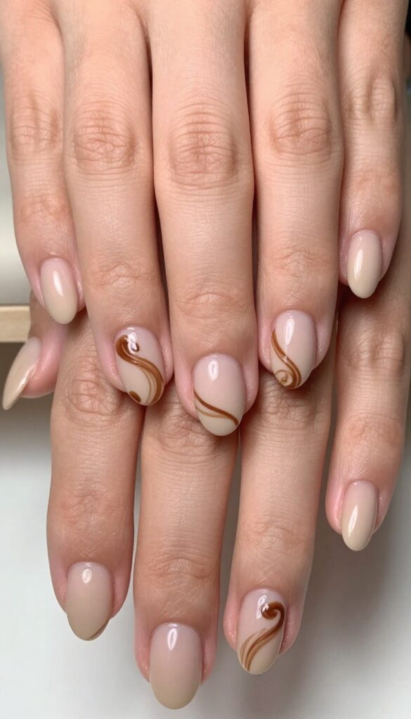 Mocha swirl nails on almond-shaped nails with matte finish