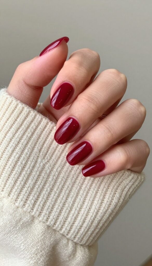 Cranberry red glossy almond nails on a cream sweater