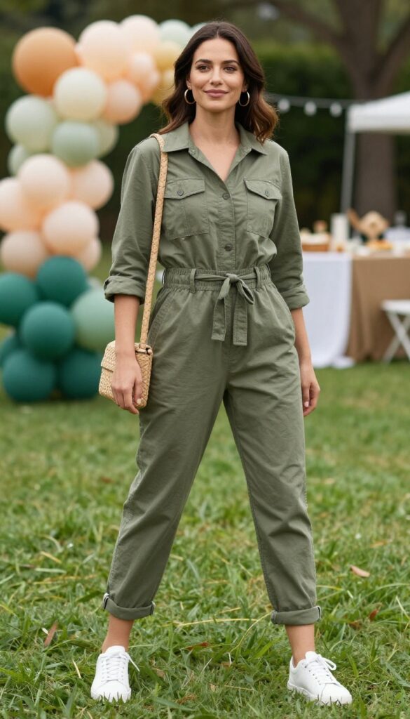 10. Olive Green Utility Jumpsuit with Gold Accessories