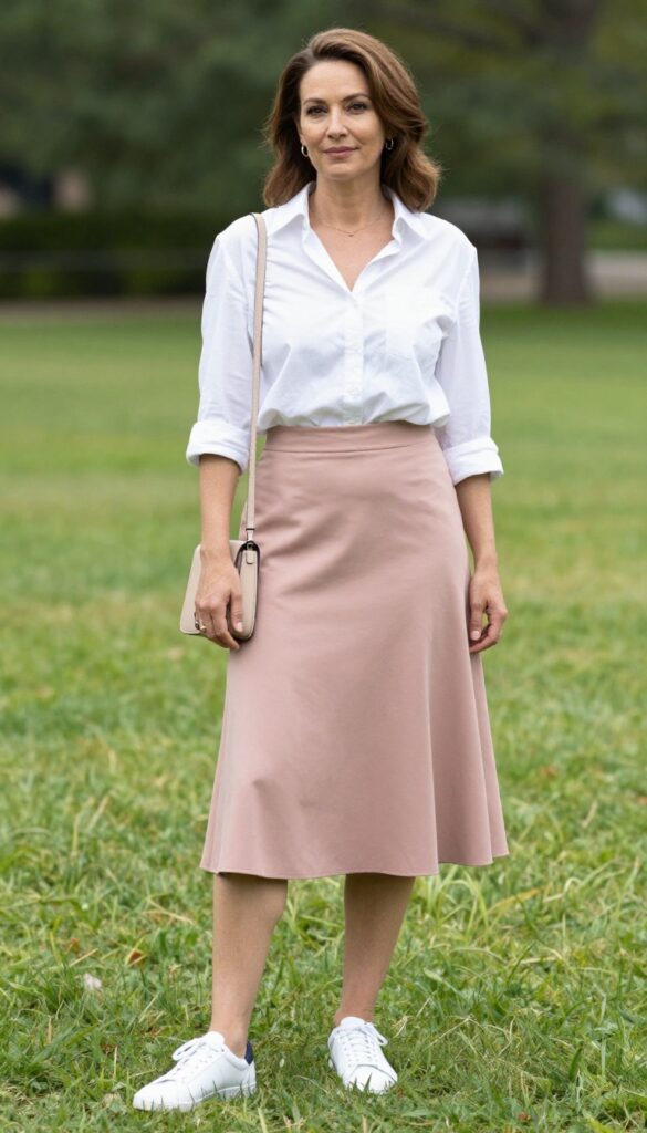 14. The Midi Skirt with a Button-Down Shirt and Sneakers