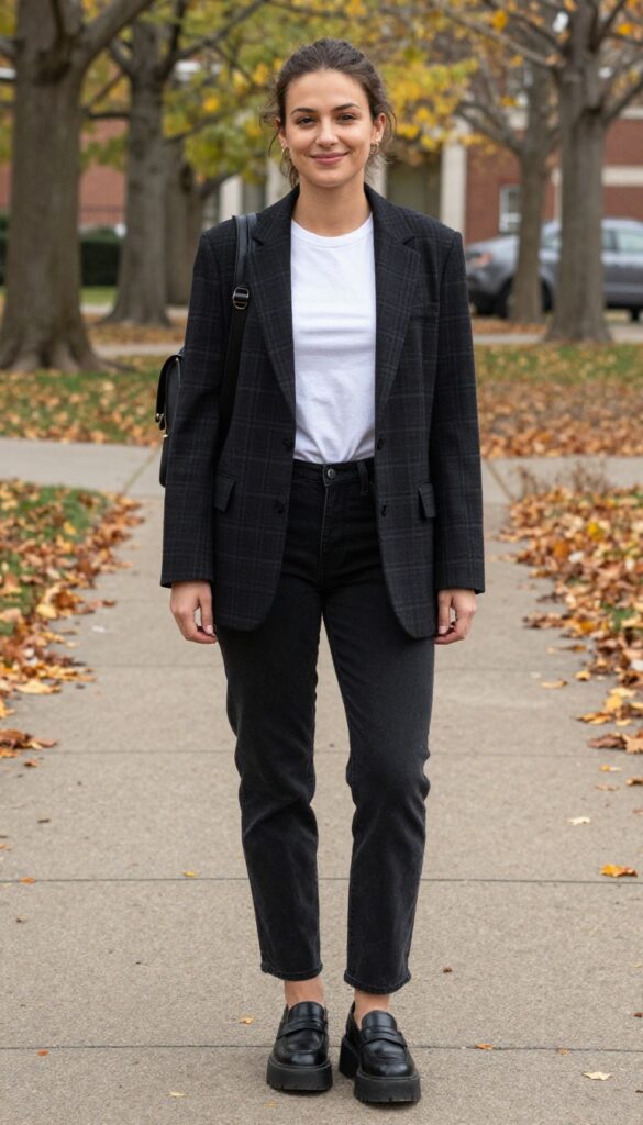 4. Plaid Blazer + Graphic Tee + Black Jeans