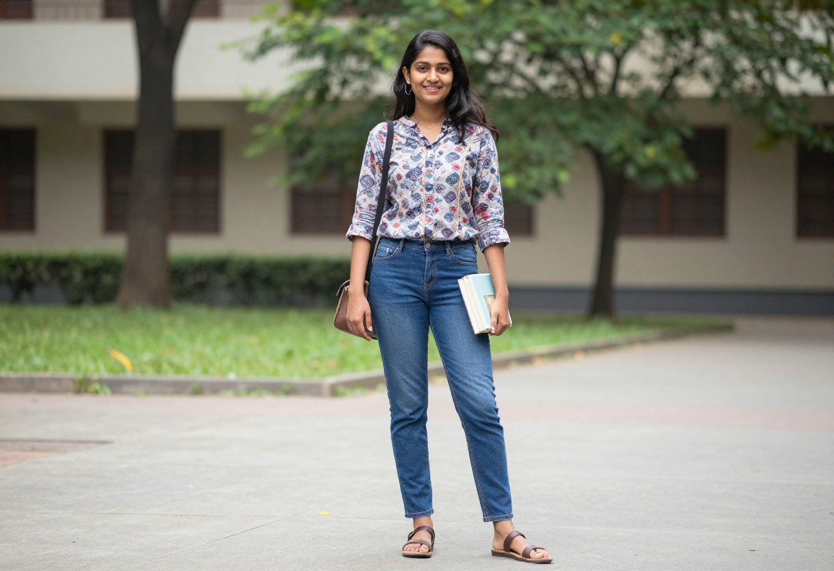 Young Indian woman in printed kurti and jeans on college campus
