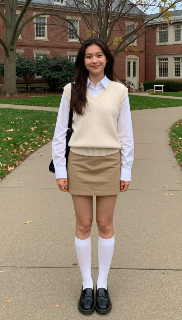 9. Sweater Vest + White Button-Down + Mini Skirt + Knee-High Socks