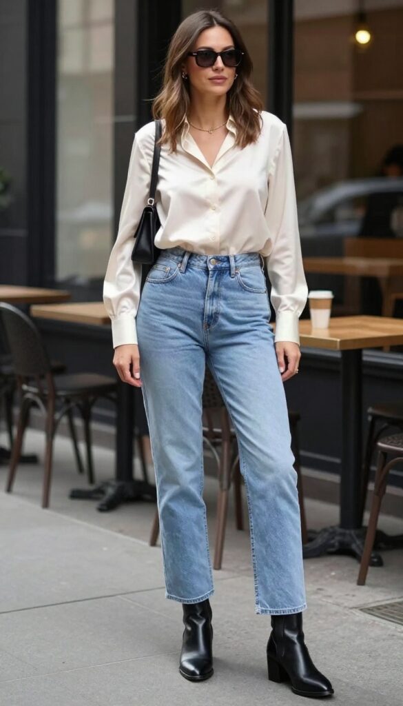 3. Silk Blouse + Straight-Leg Jeans + Ankle Boots
