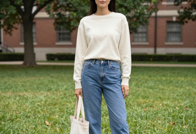 College outfit with straight-leg jeans, cream sweater, and white sneakers on a sunny campus