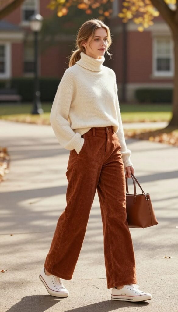 6. Corduroy Pants with a Turtleneck and Slip-On Sneakers