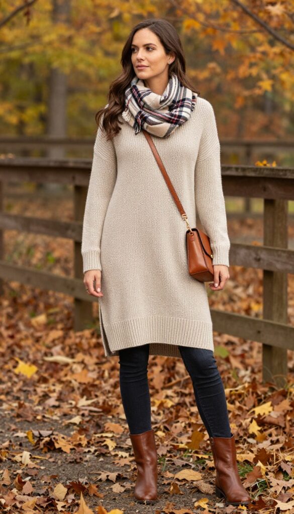 9. Tunic Sweater + Skinny Jeans + Riding Boots