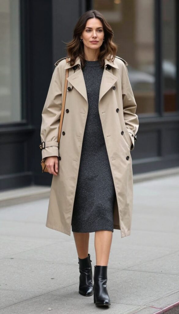 8. Trench Coat + Knit Dress + Ankle Boots