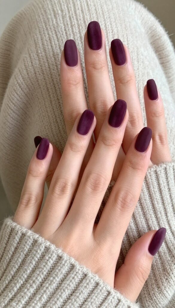 Short almond nails in midnight plum velvet matte finish