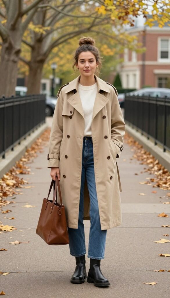 6. Trench Coat over Jeans and a Sweater