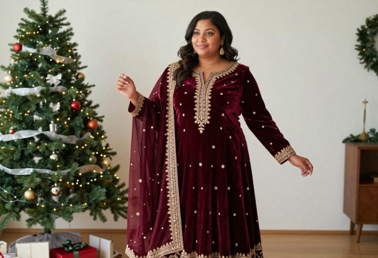 Plus size woman in burgundy velvet lehenga with gold embroidery, festive Indian outfit, Christmas decor background