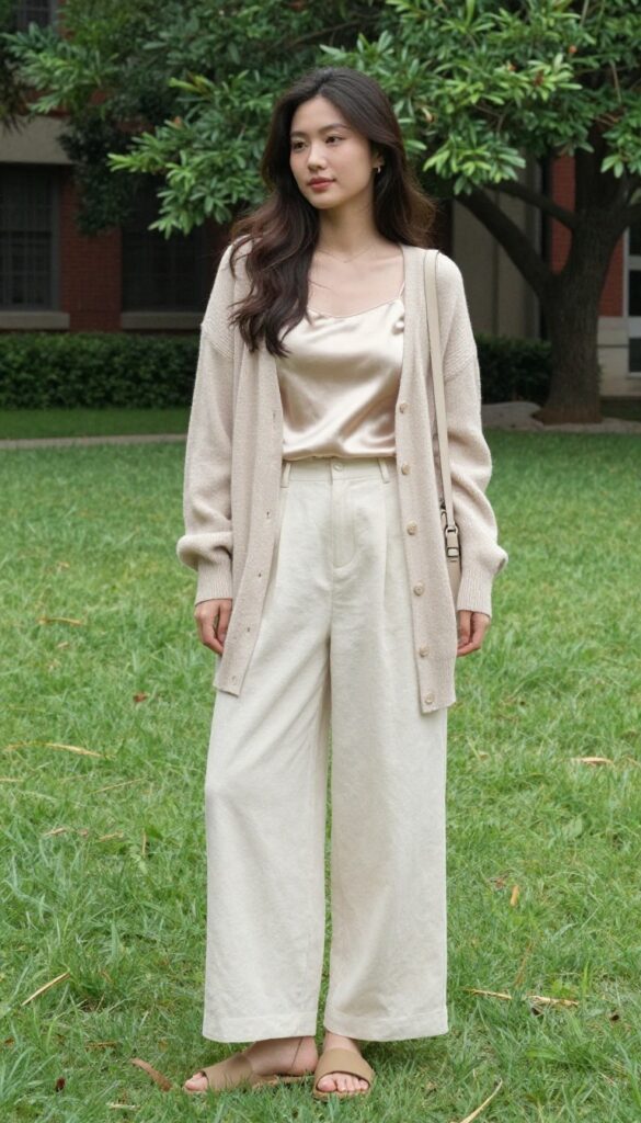 7. Cardigan over a Camisole with Wide-Leg Trousers and Slides