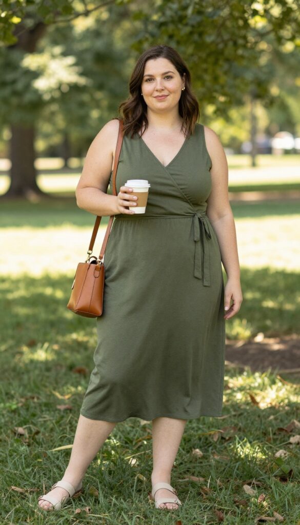 7. Midi Wrap Dress with Minimal Accessories