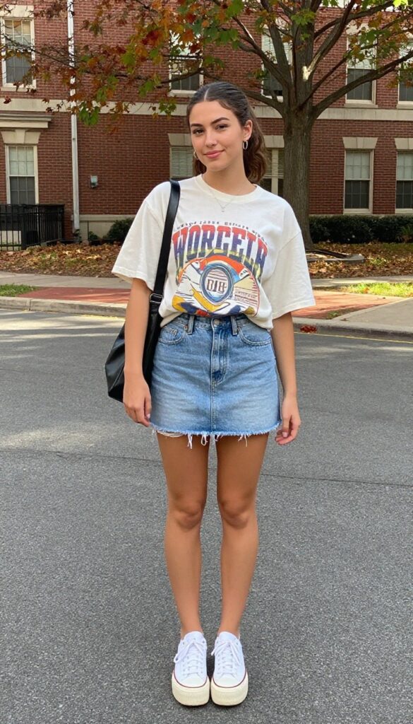 6. Graphic Tee with Denim Skirt and Platform Sneakers
