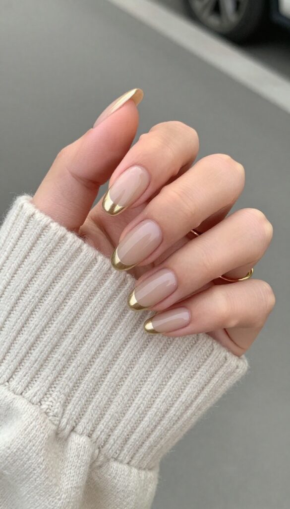 Elegant gilded French tips with champagne gold on almond-shaped nails over a sheer nude base, paired with a cozy fall outfit and gold jewelry.