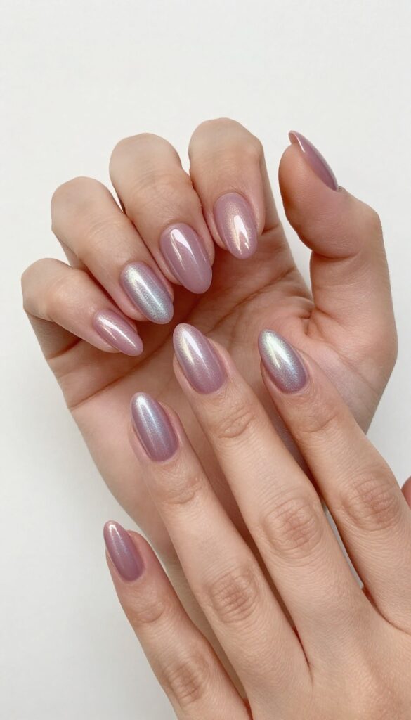 Pearlescent mauve stiletto nails with shimmering finish