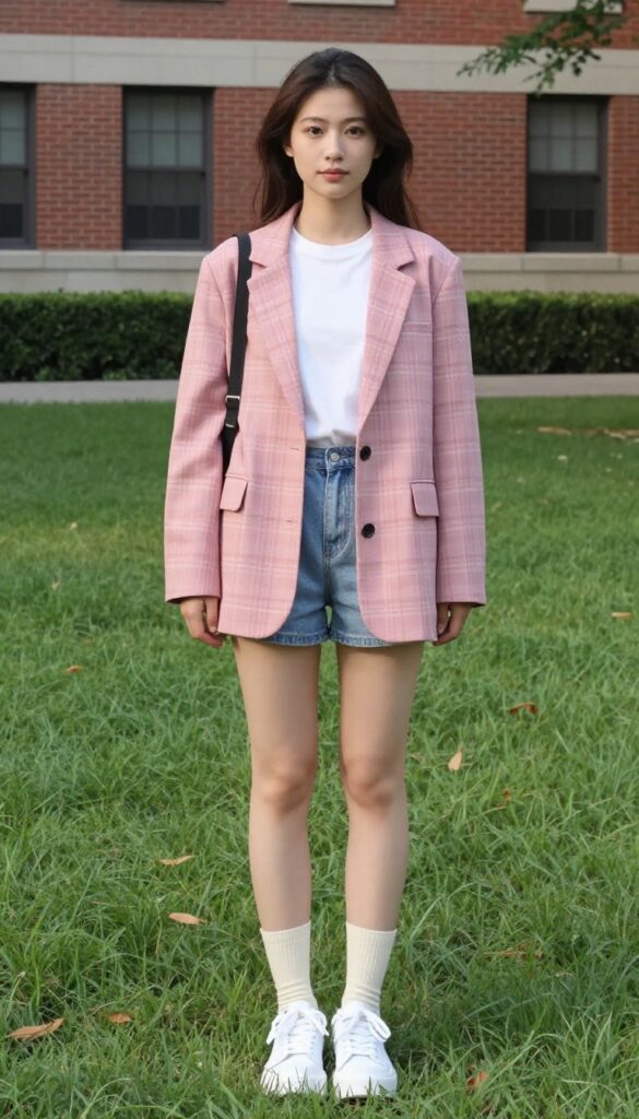 15. Oversized Blazer with Denim Shorts and Knee-High Socks