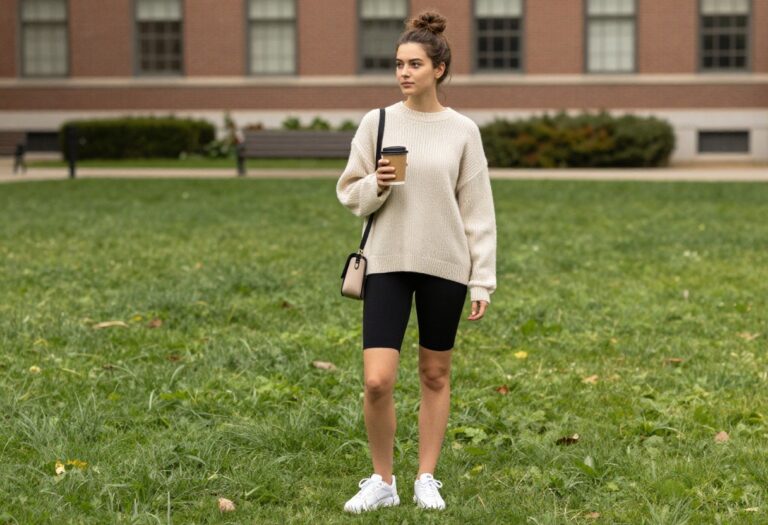 Young woman in oversized sweater and biker shorts on university campus