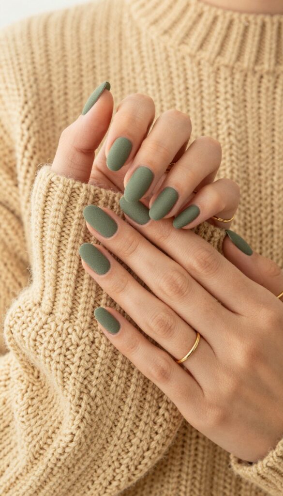 Matte olive green dip powder nails with a suede-like finish on short almond shape