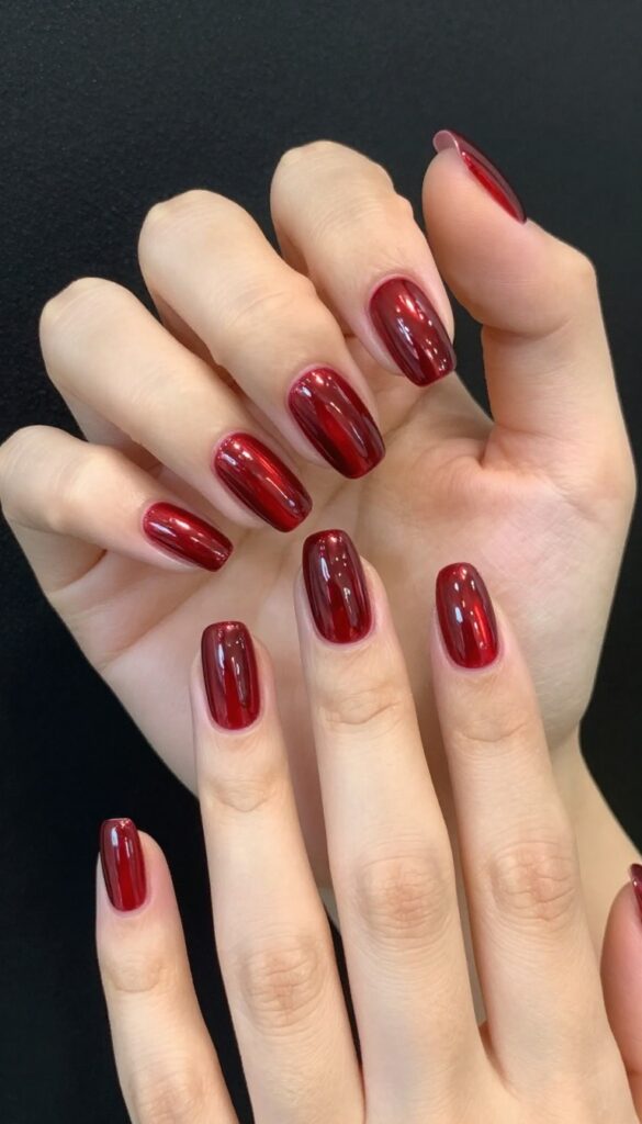 Cherry cola chrome nails with deep red metallic finish on almond-shaped nails