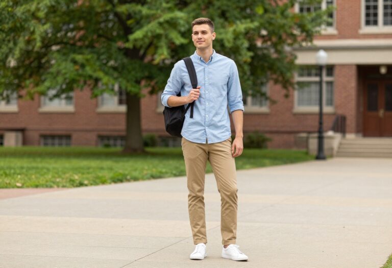 College man in smart casual outfit with Oxford shirt and chinos on campus