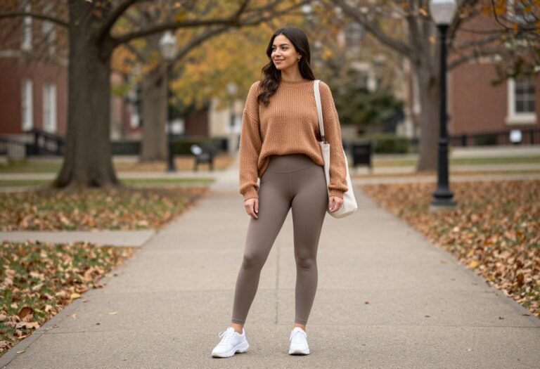 College student in oversized sweater and leggings on campus