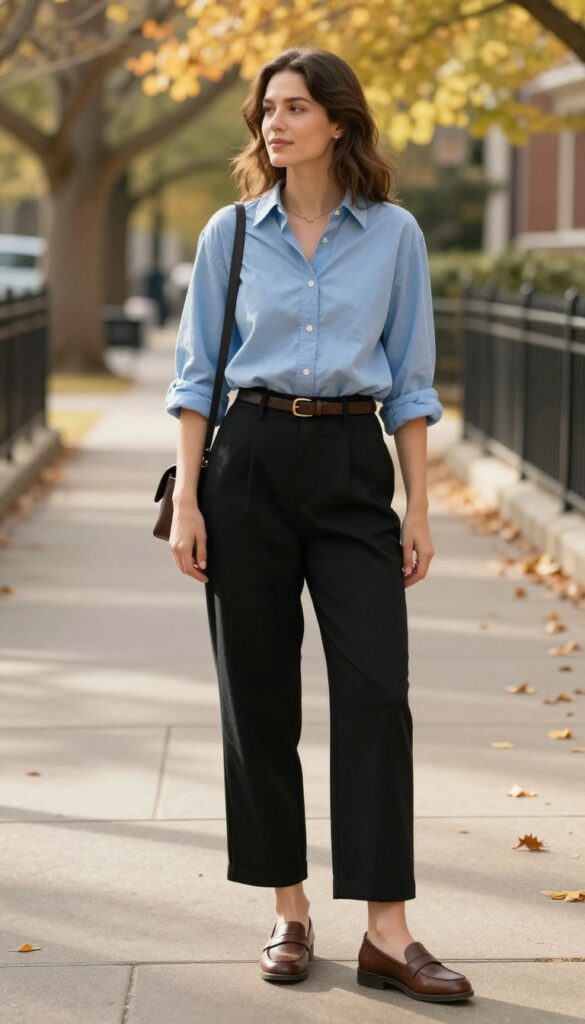 6. Button-Down Shirt and Wide-Leg Trousers