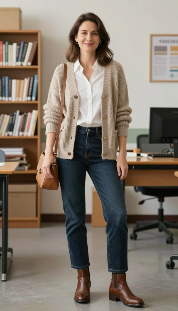 3. Cozy Cardigan + Button-Down + Dark Wash Jeans