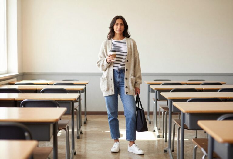 Teacher in cozy cardigan and jeans standing in a school hallway