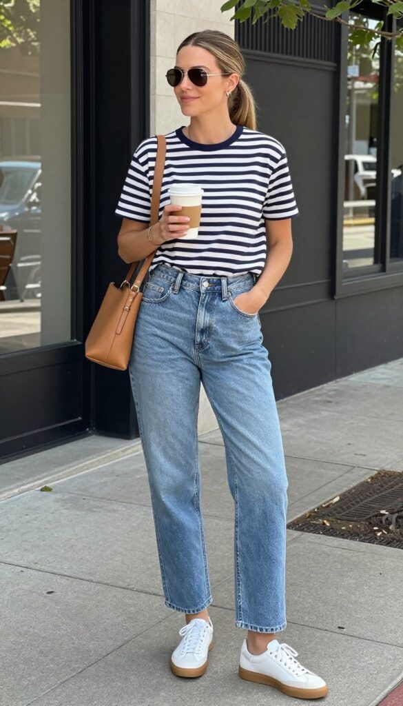 1. Classic Mom Jeans + Striped Tee + White Sneakers