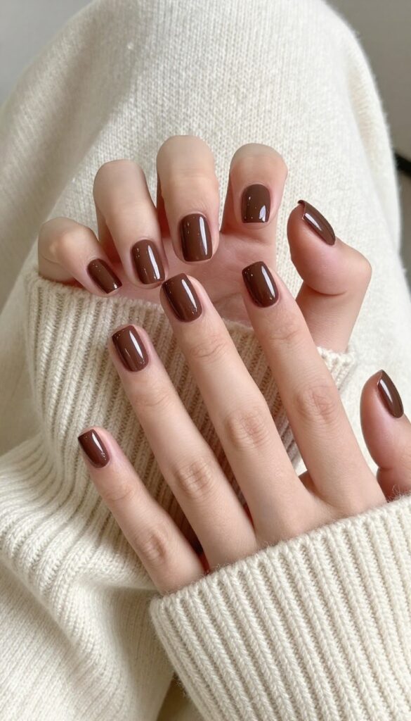 Short square nails in rich chocolate brown with glossy finish