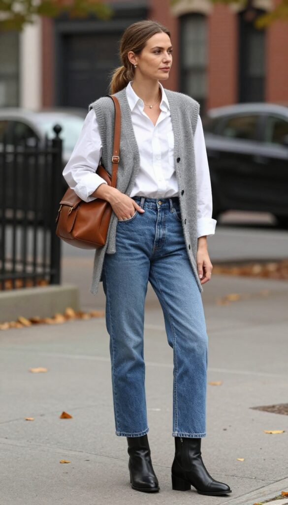 9. Longline Vest Over a Button-Down Shirt and Straight Jeans