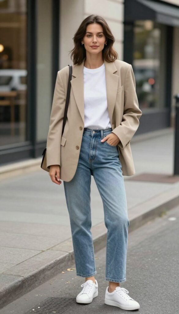 1. The Elevated Mom Uniform: Jeans, a Blazer, and White Sneakers