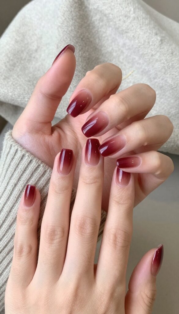 Cranberry cocoa ombre dip powder nails on medium almond shape