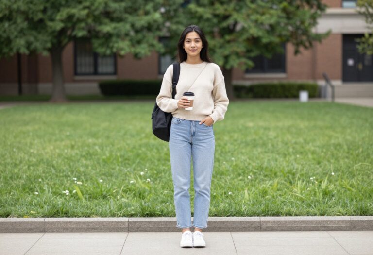 Woman in cream knit sweater and light wash jeans on campus with coffee and backpack