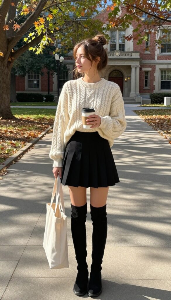 10. Cable-Knit Sweater + Pleated Skirt + Knee-High Boots
