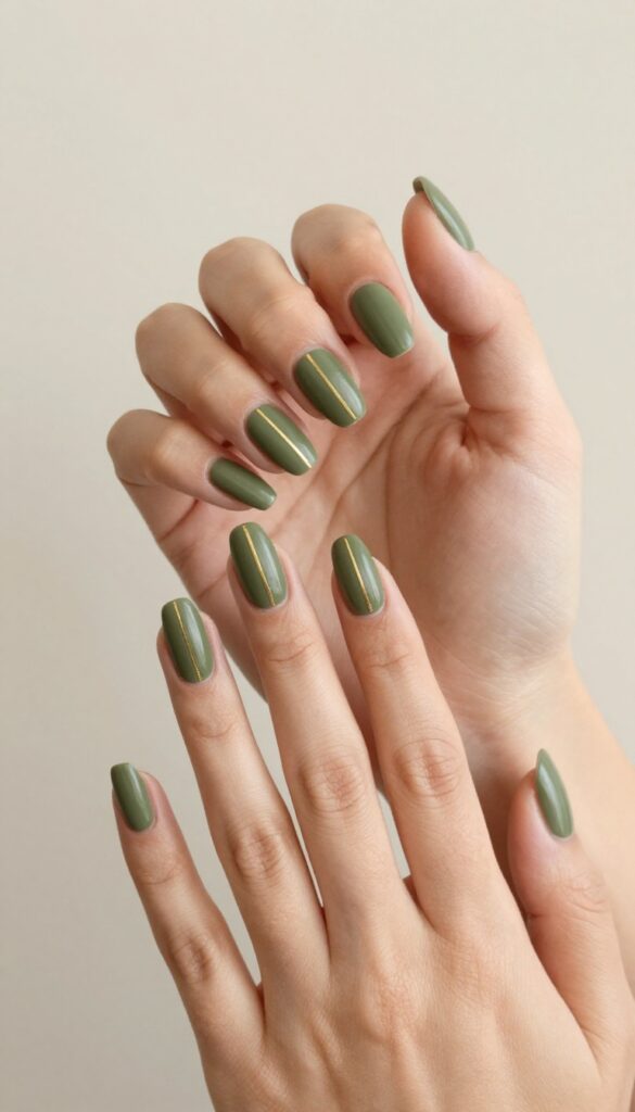 Matte olive green coffin nails with gold stripe