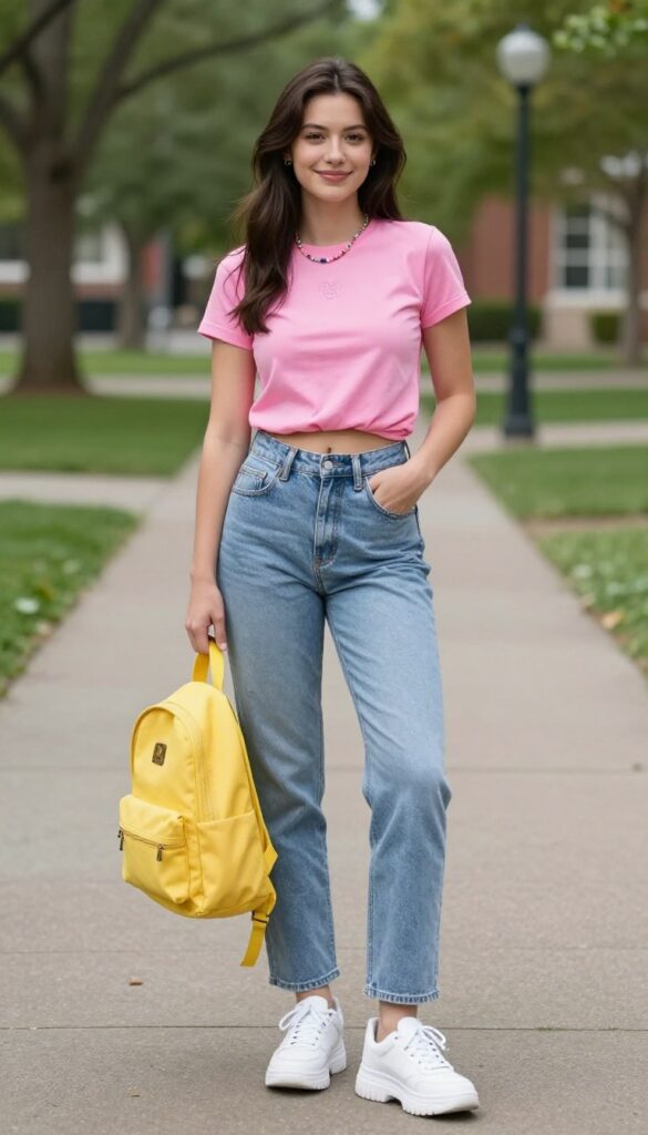 1. Low-Rise Jeans with a Baby Tee and Chunky Sneakers