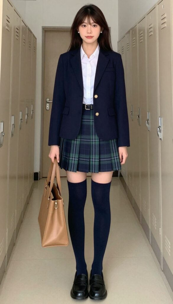 1. Navy Blazer + White Button-Down + Plaid Skirt